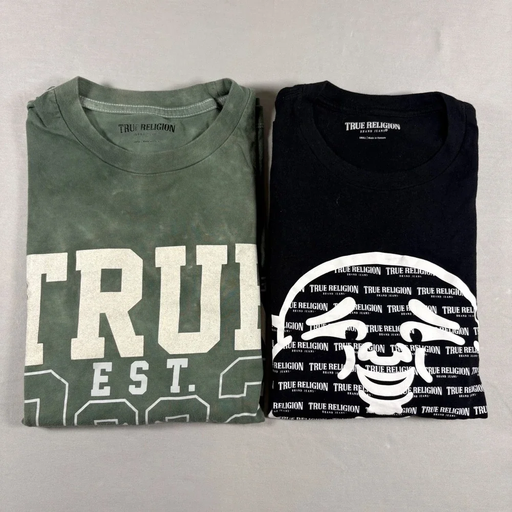 True Religion Mens Graphic T-Shirt Bundle Green Tie Dye Black Buddha Logo Small